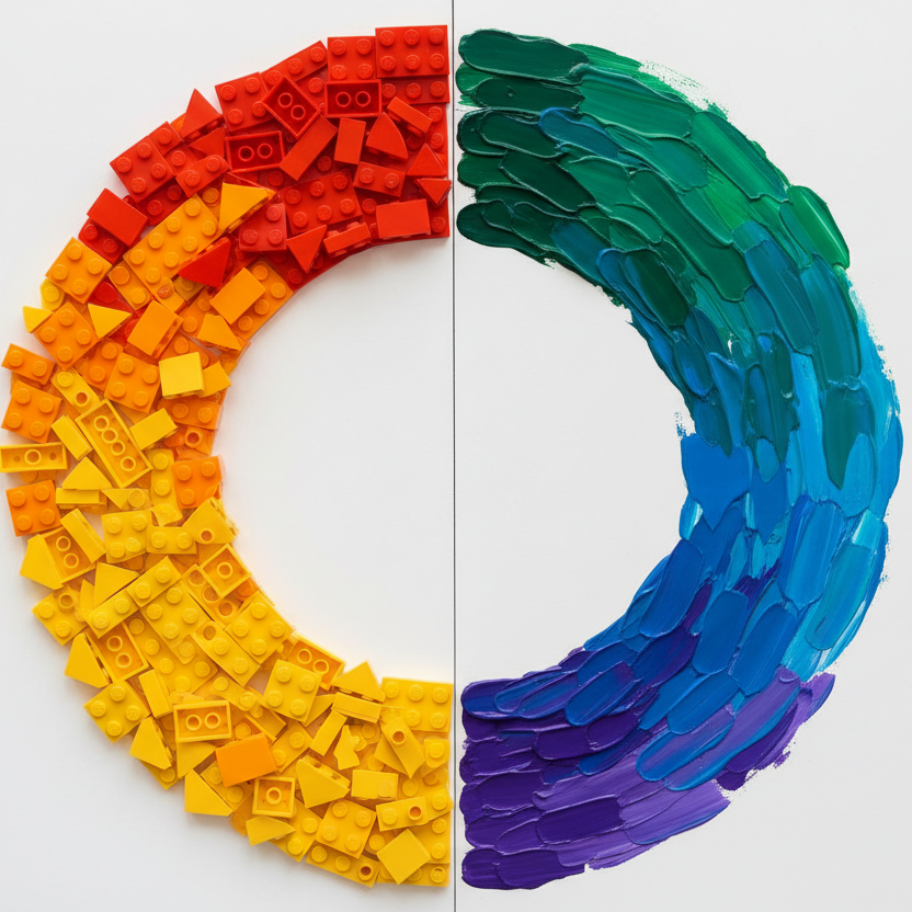 Two rainbow color schemes made from interlocking bricks on a white background