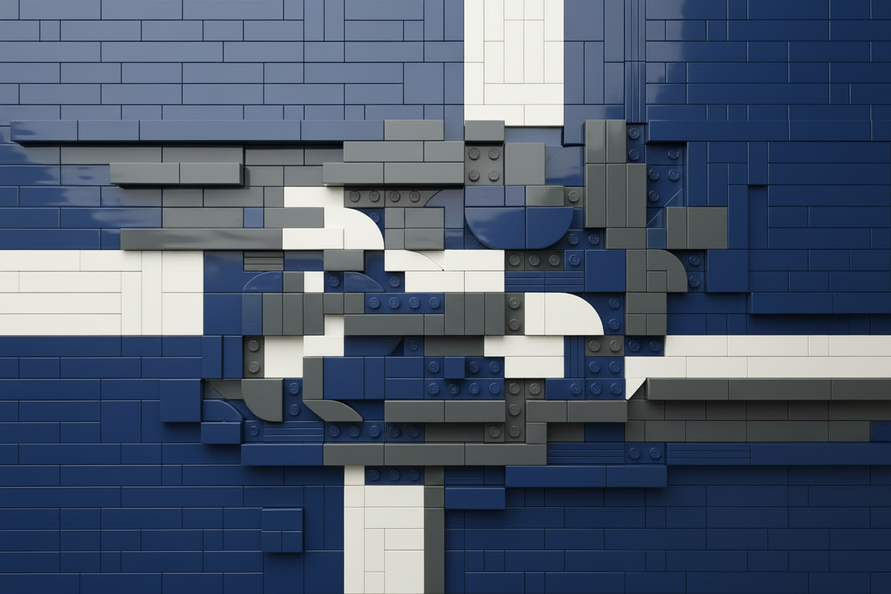 Abstract design made of interlocking bricks in blue, gray, and white on a blue brick background.