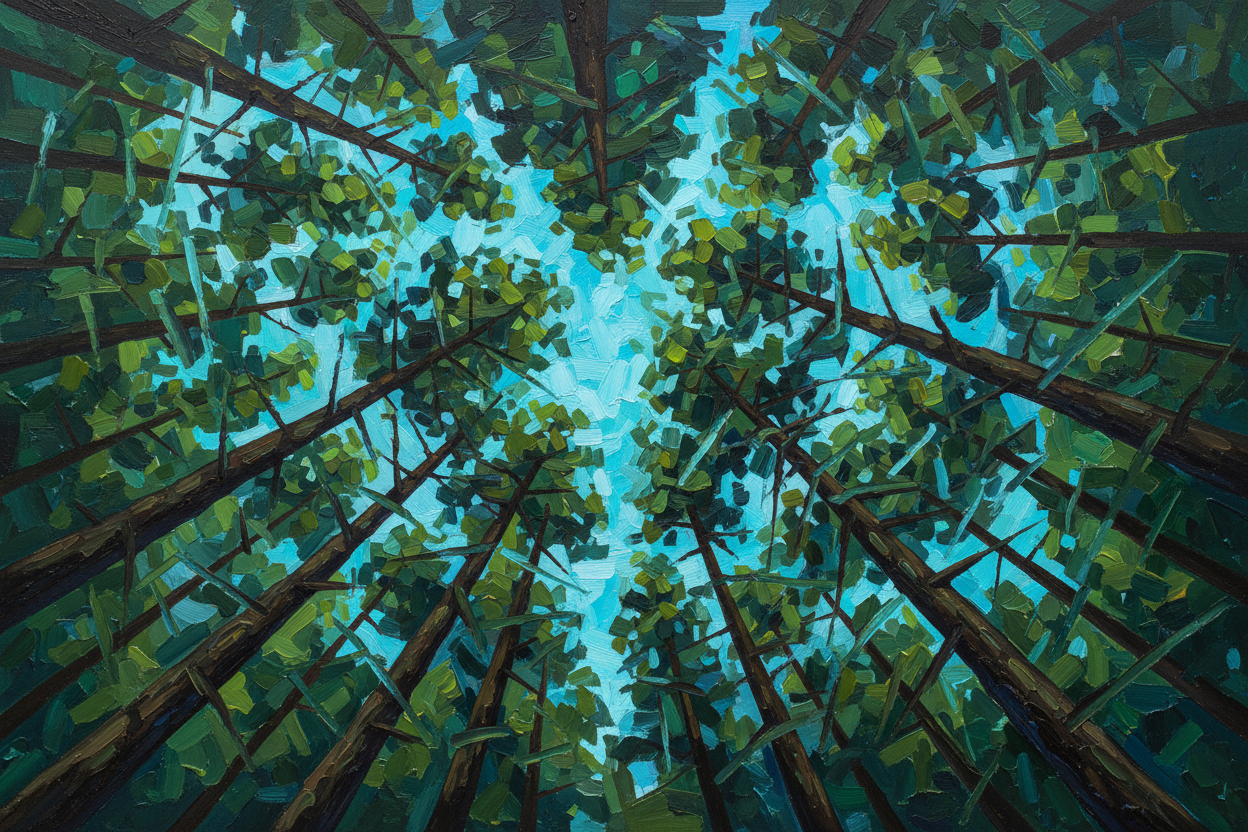 Artistic depiction of a forest canopy from a ground perspective
