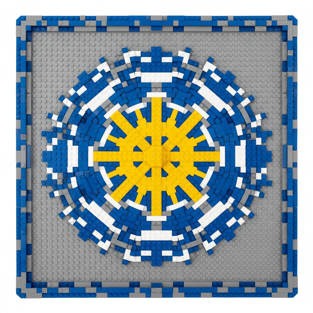 Mandala design made with blue, white, and yellow blocks on a gray baseplate.
