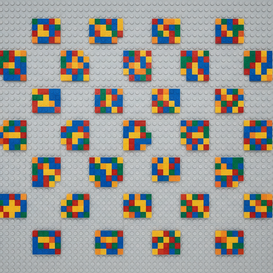 Pattern of colorful lego blocks in squares on a gray background