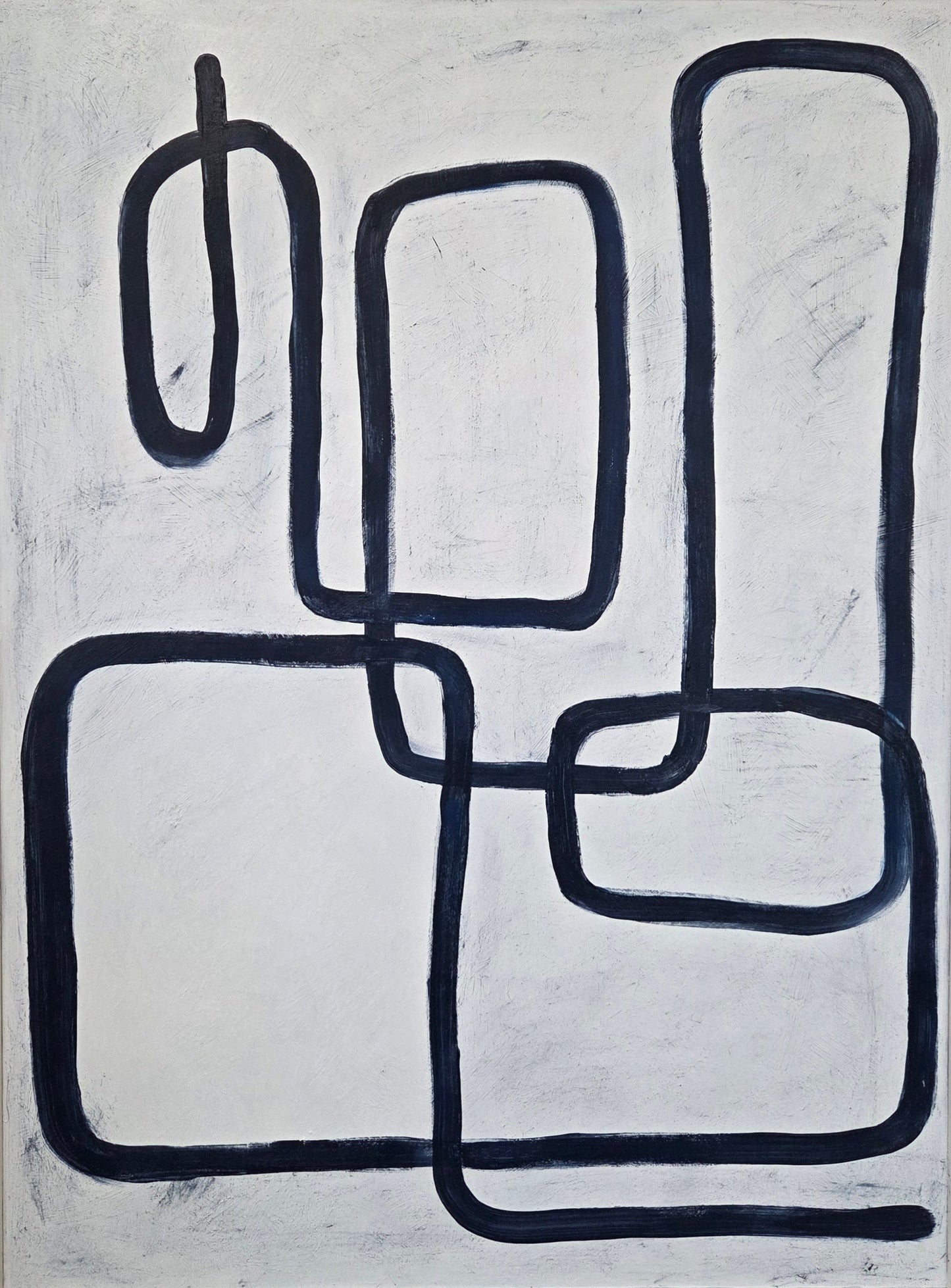 Abstract dark blue line art on a textured white background in a light gray frame.