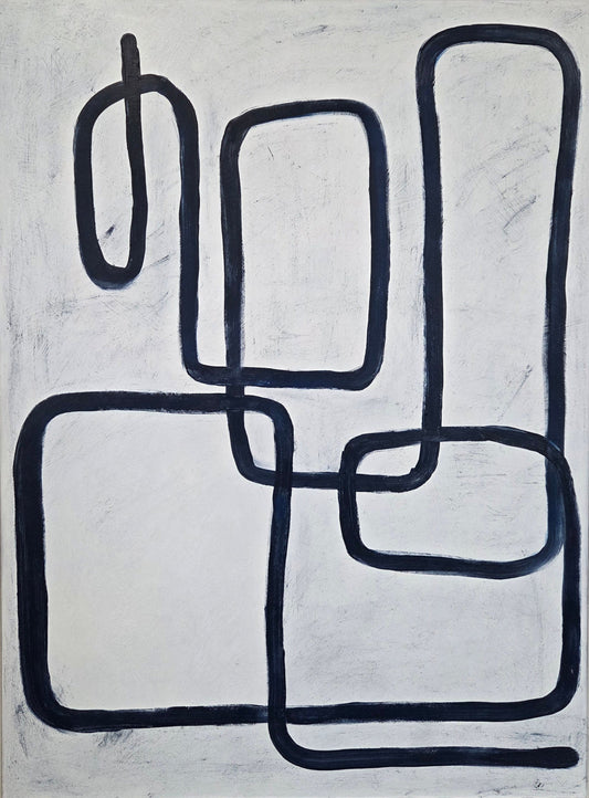 Abstract dark blue line art on a textured white background in a light gray frame.