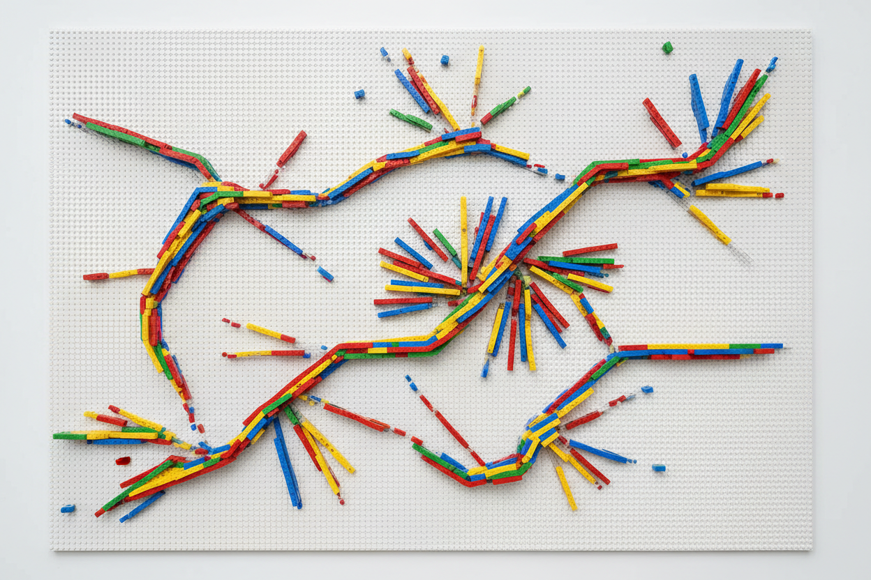 Colorful abstract line art made of legos on a white background