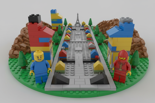 LEGO model of a city street with buildings and figures on a white background